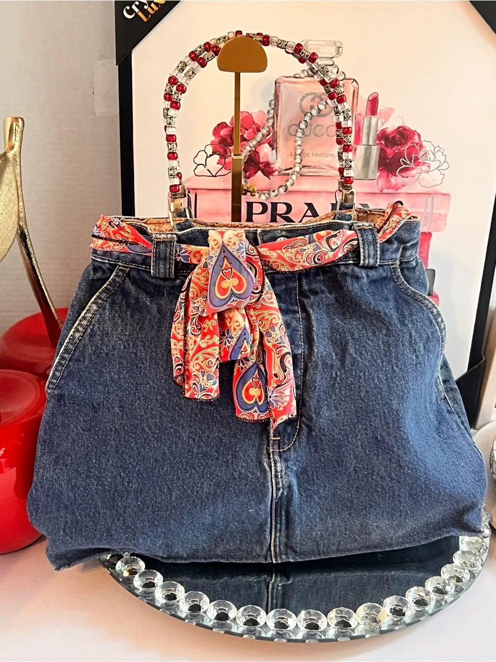 Denim unique  handmade  with Red Paisley Scarf Tie handbag
